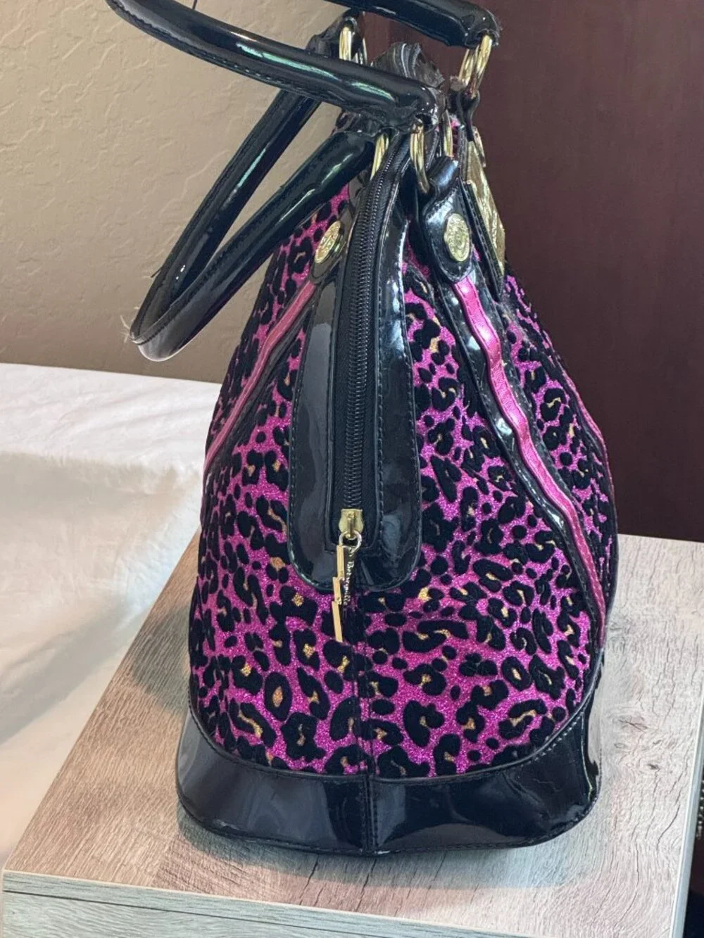 Betseyville by Betsey Johnson Pink Glitter Leopard Patent Dome Satchel Purse